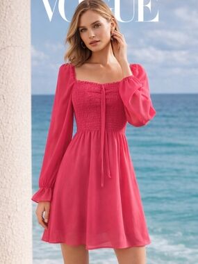 Women’s Hot Pink Chiffon  Square-Neck Dress